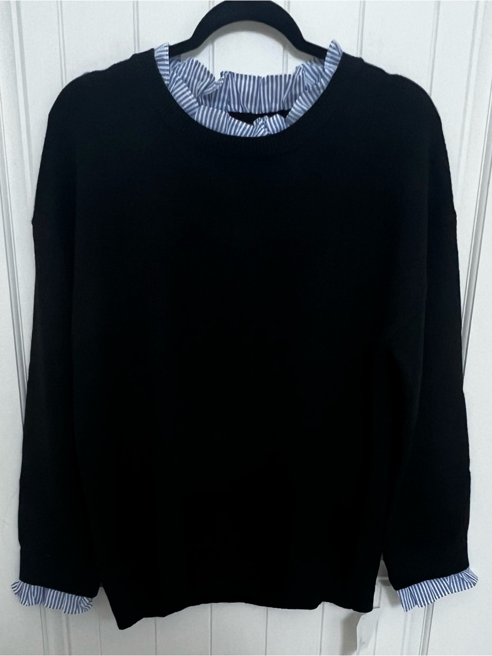 Cicy Bell Women's Black Sweater with Blue Striped Ruffle Trim - Picture 2 of 10